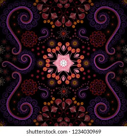 Geometric flower vector ornament. Black, violet and red background. Stylish graphic design. Seamless abstract floral pattern.