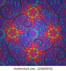 Geometric flower vector ornament. Blue, violet and pink background. Seamless abstract floral pattern. Stylish graphic design.