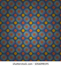 Geometric flower vector ornament. Stylish graphic design. Seamless abstract floral pattern. Green, blue and orange background.