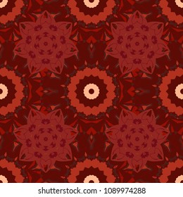 Geometric flower vector ornament. Stylish graphic design. Seamless abstract floral pattern. Red, orange and brown background.
