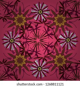 Geometric flower vector ornament. Stylish graphic design. Beige, brown and purple background. Seamless abstract floral pattern.