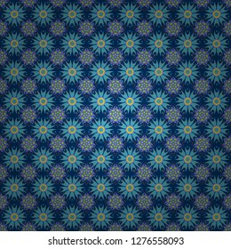 Geometric flower vector ornament. Stylish graphic design. Seamless abstract floral pattern. Blue, violet and green background.