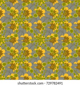 Geometric flower vector ornament. Stylish graphic design. Seamless abstract floral pattern. Yellow, green and neutral background.