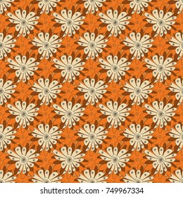 Geometric flower vector ornament. Stylish graphic design. Seamless abstract floral pattern. Beige, brown and orange background.