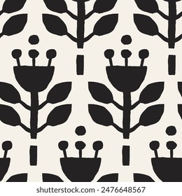 Geometric Flowers Black and White Seamless Pattern in Hand drawn style. Minimal Monochrome contemporary art. Scandinavian botanical background. Trendy Floral Seamless Pattern