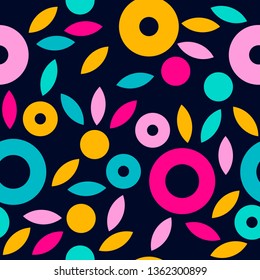 geometric flowers. bright pattern on a dark background. pattern with circles and leaves