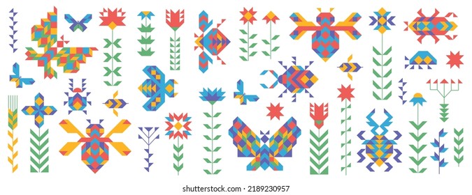 Geometric flowers and butterflies, beetles set. Horizontal banner with floral and insect collection on white background. Blooming flowers and leaves. Botanical sketch, flat vector illustration