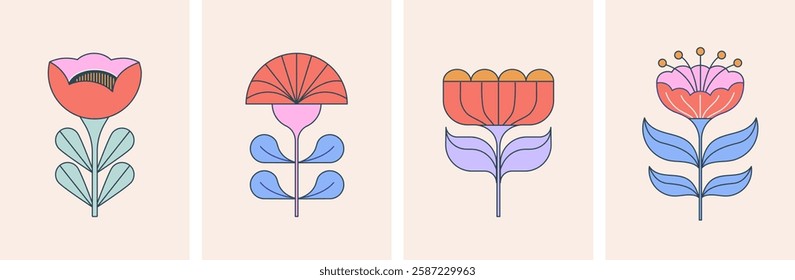 Geometric flowers collection, Nordic, Scandinavian style flowers illustrations. Red, blue modern flowers vector design