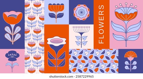 Geometric flowers collection, Nordic, Scandinavian style flowers illustrations. Red, blue modern flowers vector design