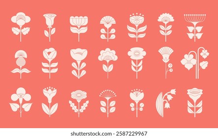 Geometric flowers collection, Nordic, Scandinavian style flowers illustrations. Red, blue modern flowers vector design