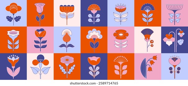 Geometric flowers collection, Nordic, Scandinavian style flowers illustrations. Red, blue modern flowers vector design