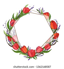 Geometric flowers frame .Beautiful wreath. Elegant floral collection with beautiful tulips, lavender, isolated flowers, leaves. hand drawn watercolor. Design for invitation, wedding or greeting cards.