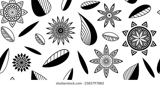 Geometric flowers and leaves isolated on white background, stylized flowers, seamless pattern, vector design