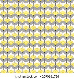 Flores geométricas y hojas sin soldadura en amarillo, gris y negro sobre fondo blanco. Se puede utilizar para gráficos de moda, decoración doméstica, diseño gráfico de marketing y publicidad, diseño gráfico web