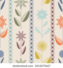 Geometric flowers and leaves, stylized flowers, seamless pattern, vector design