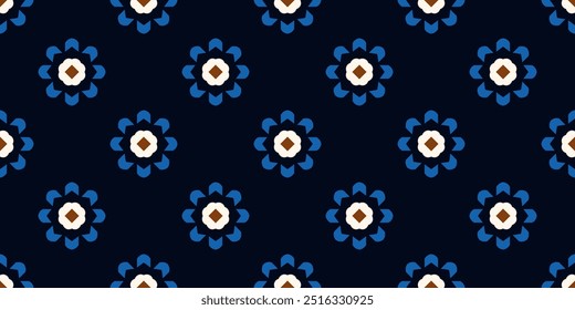 Geometric flowers pattern small shapes motif continuous background. Brown, blue, white colors palette. Modern decoration ditsy floral fabric design textile swatch easy to recolor allover print block.