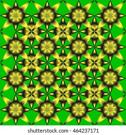 Geometric flowers. Pattern of yellow sunflowers on a green background