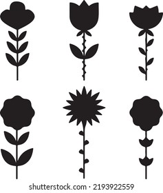 geometric flowers with petals and stats silhouette. Contemporary forms. Isolated floral elements silhouettes. Abstract contour crosses. Vector graphic shapes set