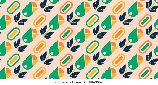 Geometric flowers with petals and stem. Diagonal flowers, abstract and retro.