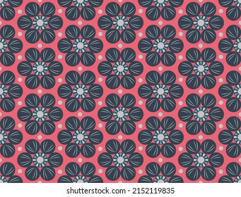Geometric flowers and polka dots pattern on pink background.