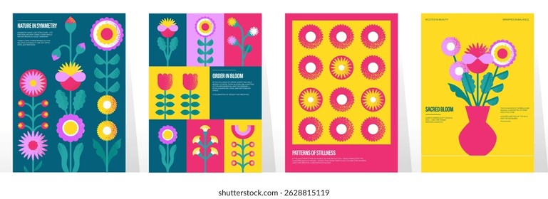 Geometric flowers postcard. Abstract floral spring summer pattern for background design, modern banners with geometry flower leaves and bouquet in vase. Vector floral posters set.