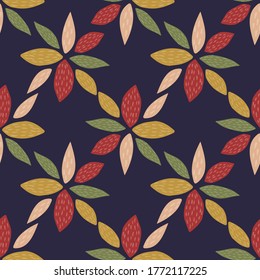 Flores geométricas patrón de fluidez. Petal en tonos ocre, rojo y verde. Fondo azul oscuro. Papel de flores. Se puede usar para envolver papel, textiles, impresiones de tela. Ilustración vectorial.