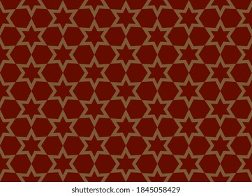Goldener Stern, nahtloses Muster, roter Hintergrund, einfaches Konzept. Freeform hexagonale Formen regulären Rhythmus einfache Geo-Ornament. Minimalistischer Allover-Druckblock zum Umwickeln von Tuch, Schaufenster, Verpackung.
