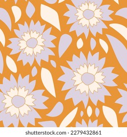 Flores geométricas sin costura. Fondo floral de fondo floral contemporáneo dibujado a mano, con flores de cornflor y hojas acogedoras. Ilustración del vector de repetición botánica