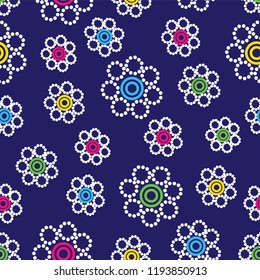 Geometric flowers seamless pattern on a navy blue background. Perfect forscrapbooking, textile and wall paper projects. 