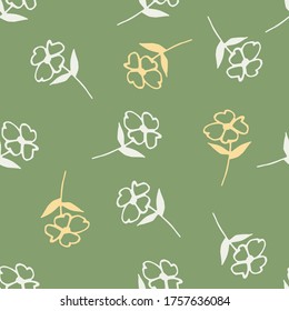 Geometric flowers seamless pattern on green background. Simple style. Doodle floral wallpaper. Decorative backdrop for fabric design, textile print, wrapping, cover. Vector illustration
