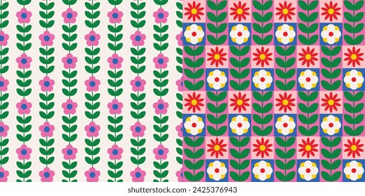 Flores geométricas sin patrón conjunto de dos en colores brillantes. Fondo perfecto para el embalaje, textil, papel pintado. 60s Diseño vectorial de flores geométricas de formas simples de inspiración retro. 