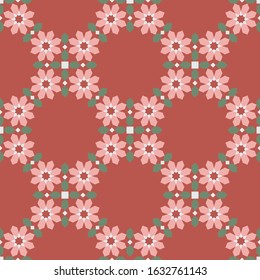 Geometric flowers seamless pattern. Small pink daisies over red background.