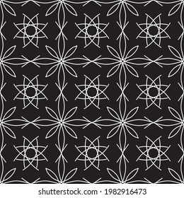 geometric flowers. seamless pattern with thin white lines on black. square repeating symmetrical artwork