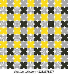 Geometric flowers seamless in yellow, gray and black. Almond shapes and thin white lines tiles pattern for fashion graphics, home decor, marketing and advertising graphic design, web graphic design