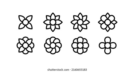 Geometric flowers shapes icon set. Minimalist flower symbols. Black outline. Vector illustration, flat design