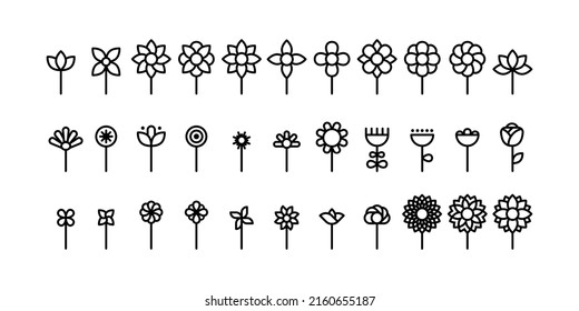 Geometric flowers shapes icon set. Minimalist flower symbols. Plant with stem. Black outline. Vector illustration, flat design