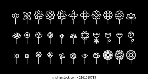 Geometric flowers shapes icon set. Minimalist flower symbols. Plant with stem. White outline. Vector illustration, flat design