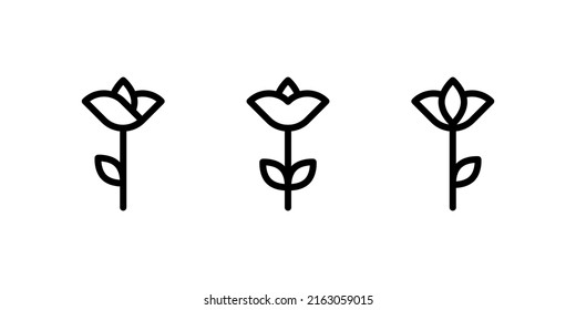 Geometric flowers shapes icon set. Minimalist flower symbols. Black outline. Vector illustration, flat design