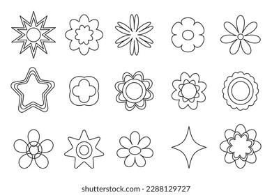 Geometric Flowers and Stars Thin Line Icons Shapes Elements Set. Outline Flower Isolated Vector Illustration. Retro Abstract Floral Silhouettes Collection. Retro Floral Logo Design Pack