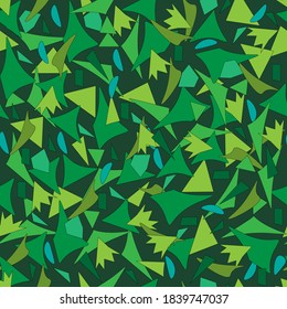 Geometric and flowing shapes on a green background, vector seamless pattern.