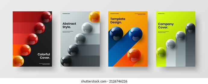 Geometric flyer A4 vector design concept bundle. Trendy realistic spheres journal cover illustration composition.