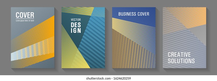 Geometric flyer background vector templates. Futuristic publication papers. Stationery notebook covers design set. Trendy stationery folder backgrounds. Futuristic journal mockups.