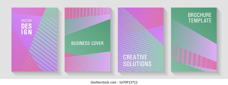 Geometric flyer background vector templates. Marketing catalog creative mockups. Digital stylish outlet backdrops. Advanced technological concept. Thin stripes blend covers design set.