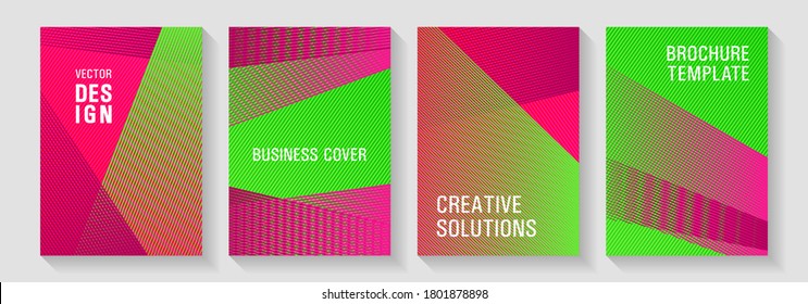 Geometric flyer background vector templates. Corporate branding leaflets. Educational brochure covers set. Lines gradient texture booklet layouts. Flat style booklet concepts.