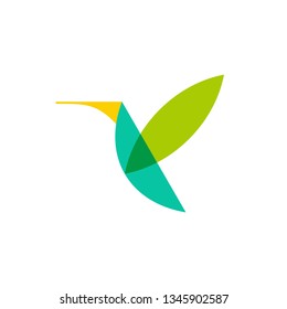 geometric flying bird logo design vector template illustration. green hummingbird/colibri symbol icon vector 