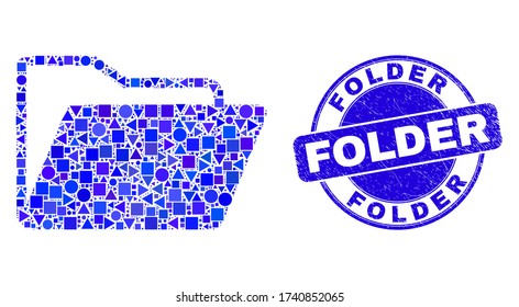 Pictograma de mosaico de carpeta geométrica y sello de carpeta. Sello de sello texturizado redondo vector azul con leyenda de carpeta. Mosaico abstracto de la carpeta compuesta de elementos geométricos de esfera, tringle y cuadrado.