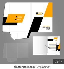 Geometric folder template design for company with yellow and black square shapes. Element of stationery.