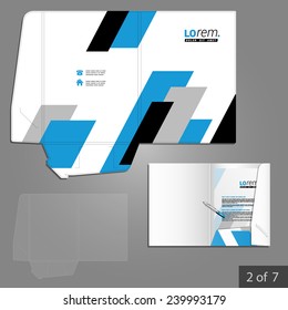 Geometric folder template design for company with black and blue square diagonal shapes. Element of stationery.