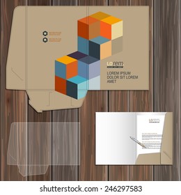 Geometric folder template design for corporate identity with color cubes. Stationery set