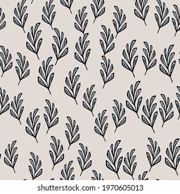 Geometric foliage branches little random seamless pattern. Grey background. Navy blue botanic print. Designed for fabric design, textile print, wrapping, cover. Vector illustration.